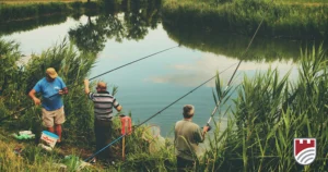 Three men are fishing by a river.